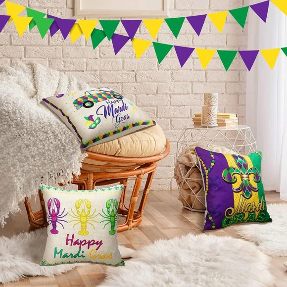 NWOT Mardi Gras Pillow Covers 18x18 Set of 4 Happy Mardi Gras - Picture 4 of 6